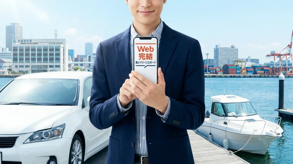 名古屋の街並みを背景に車とボートの購入計画を確認する人