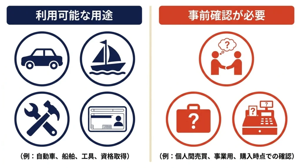 マイカーローンの対象となる使いみちと対象外を確認するチェック図