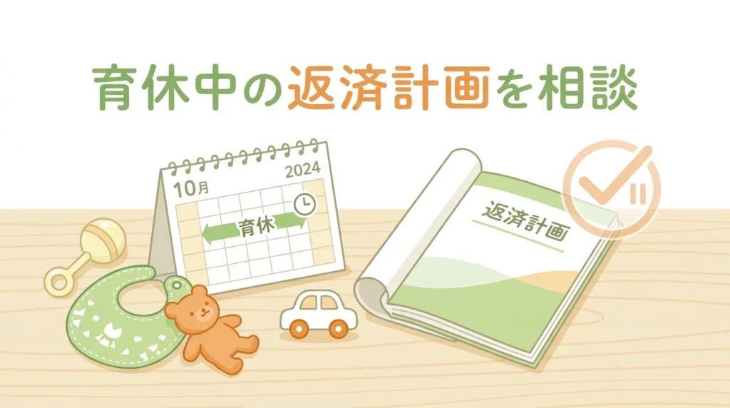 育児用品とカレンダー、返済計画の書類を並べた元金据置相談のイメージ