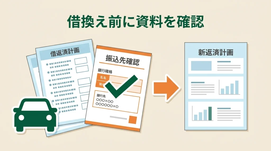車のアイコン、返済予定表、振込先を示す書類を確認する借換え準備のイメージ