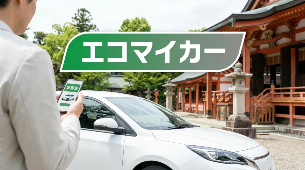 奈良の街並みを背景にエコカーの購入計画を確認する人