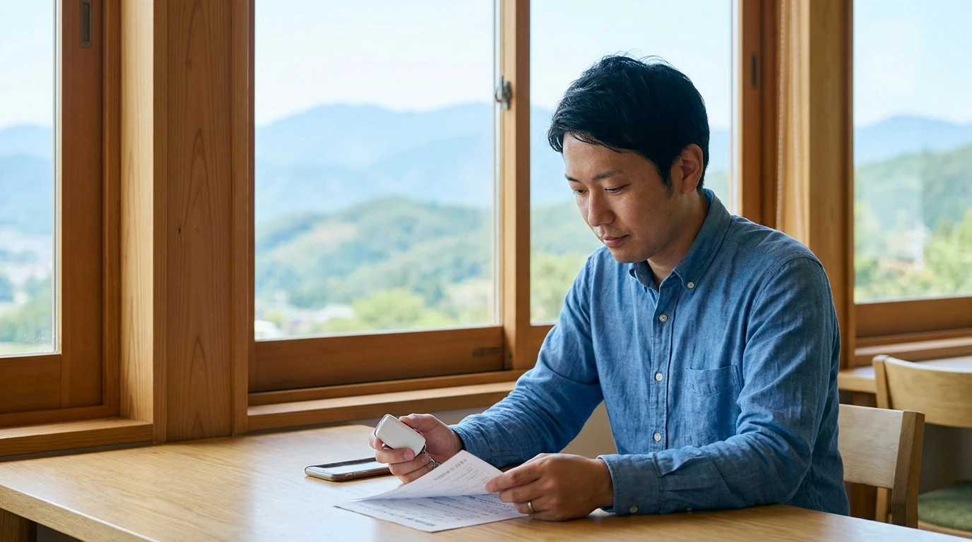 山あいの道路を走る車と、ローン借換えの書類を確認するイメージ