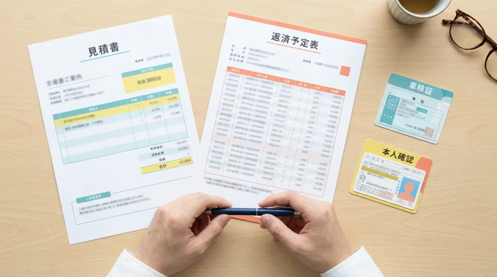 マイカーローンの借換えに必要な返済予定表と見積書を整理する人