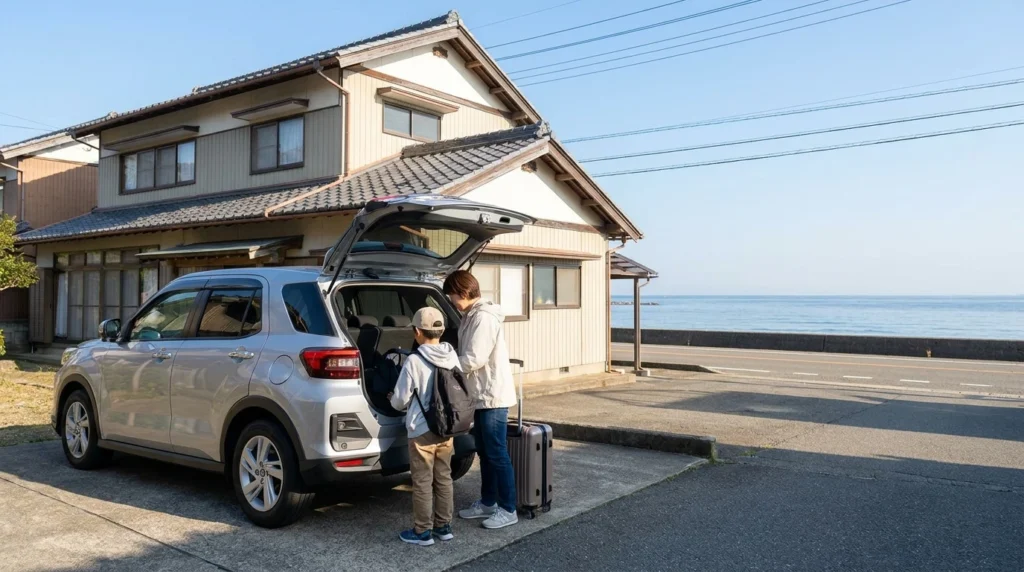 能登の海沿いの住宅前でコンパクトSUVに荷物を積み込む家族