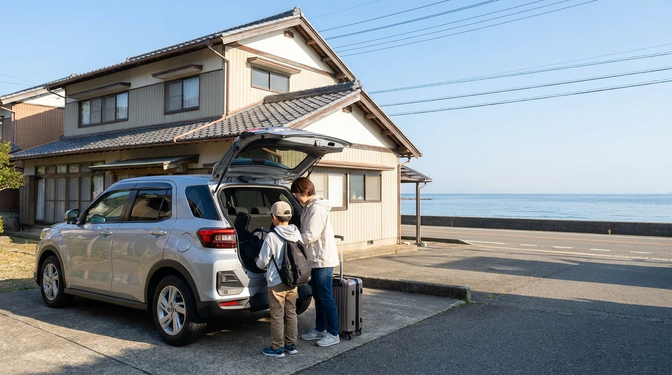 能登の海沿いの住宅前でコンパクトSUVに荷物を積み込む家族