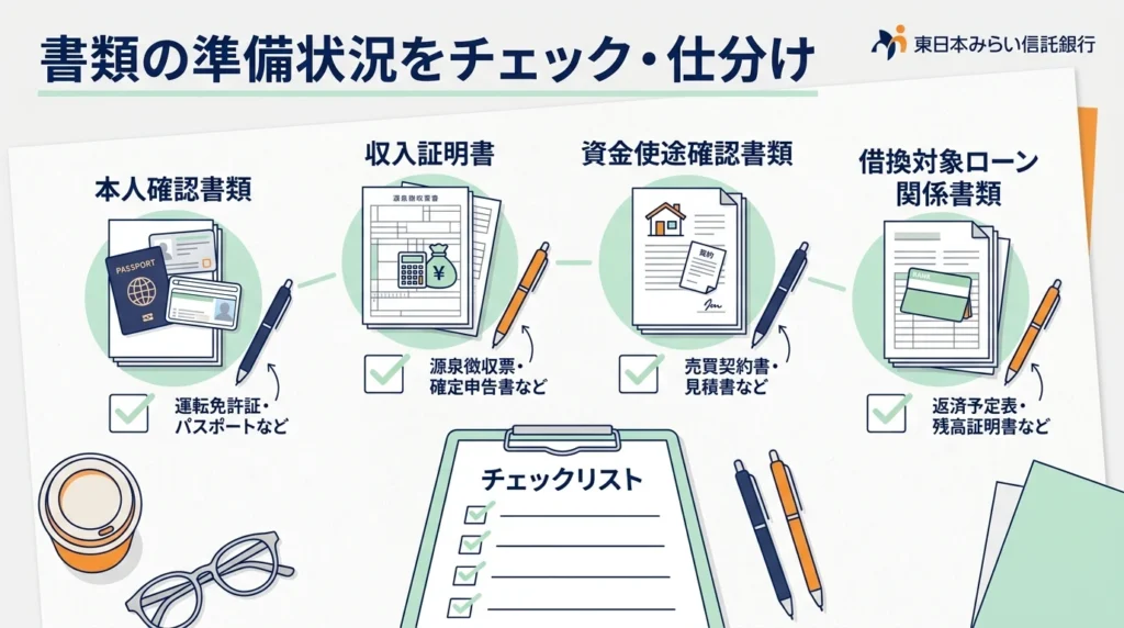 申込みに向けて書類を分類して確認する俯瞰デスク図