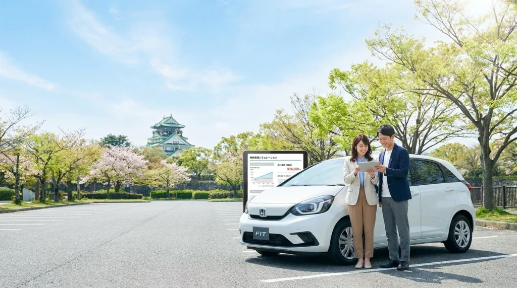 大阪城公園を背景に車の見積書を確認する日本人夫婦