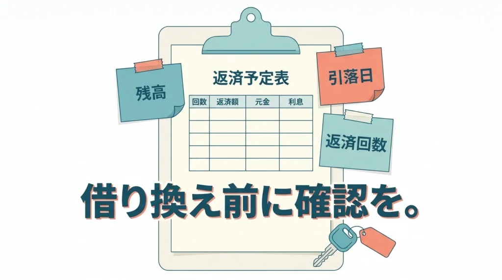 借換え前に返済予定表と残高資料を確認する図解