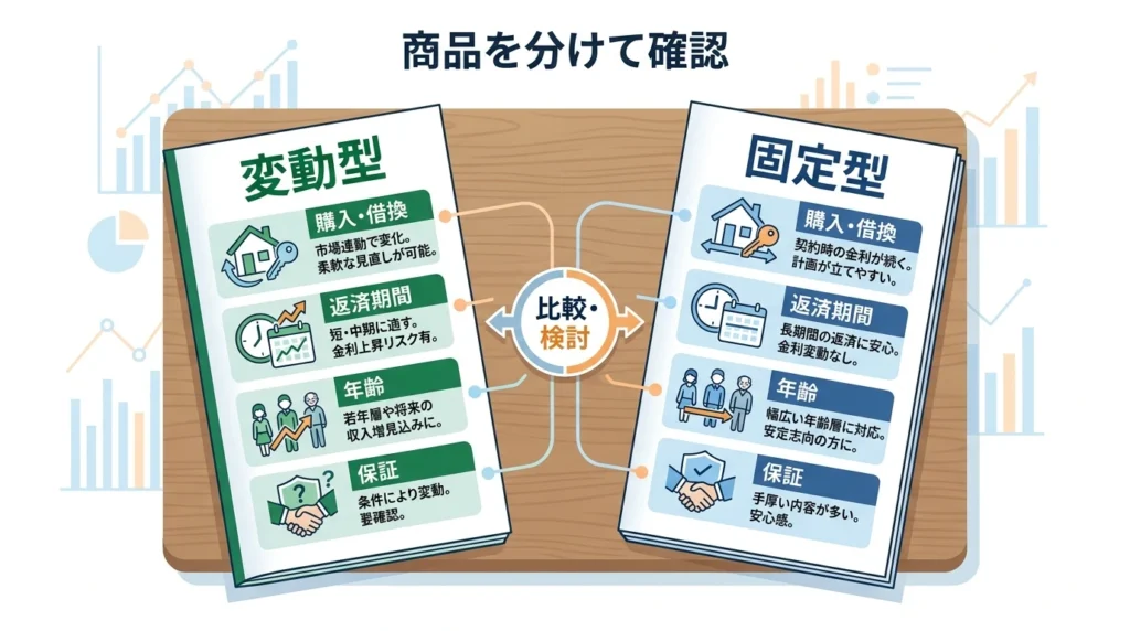変動型と固定型の二冊の冊子から目的に合う商品を選ぶ図