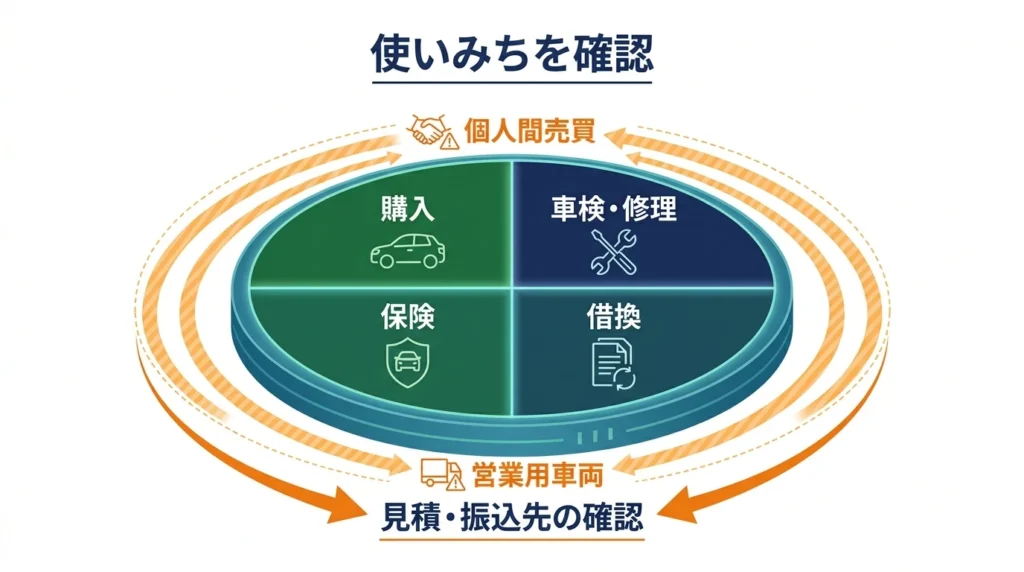 購入、車検、保険、借換の費用と対象外候補を回転盤で確認する図