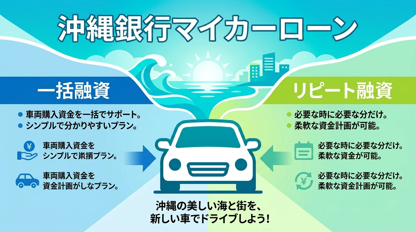 沖縄銀行マイカーローンの一括借入タイプとリピートタイプの違いを確認するための図解