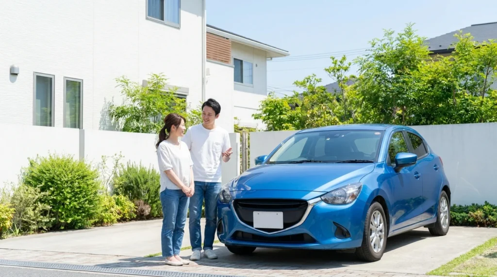 明るい自宅駐車場で青いコンパクトカーの横に立つ日本人夫婦