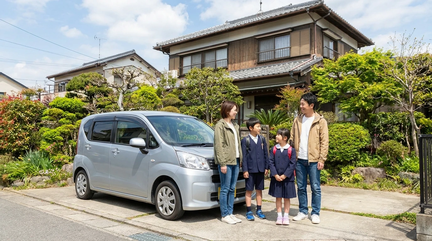 明るい自宅駐車場でシルバーのミニバンの前に並ぶ日本人4人家族
