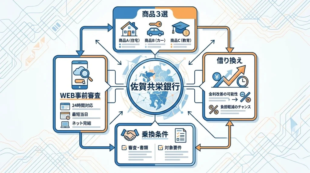 佐賀共栄銀行オートローンと佐賀銀行などを比較する観点を示した図解