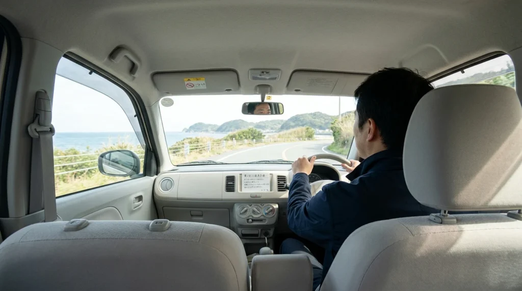 小田原の海沿い道路を安全な姿勢で運転する日本人男性と淡いベージュのコンパクトハッチバック