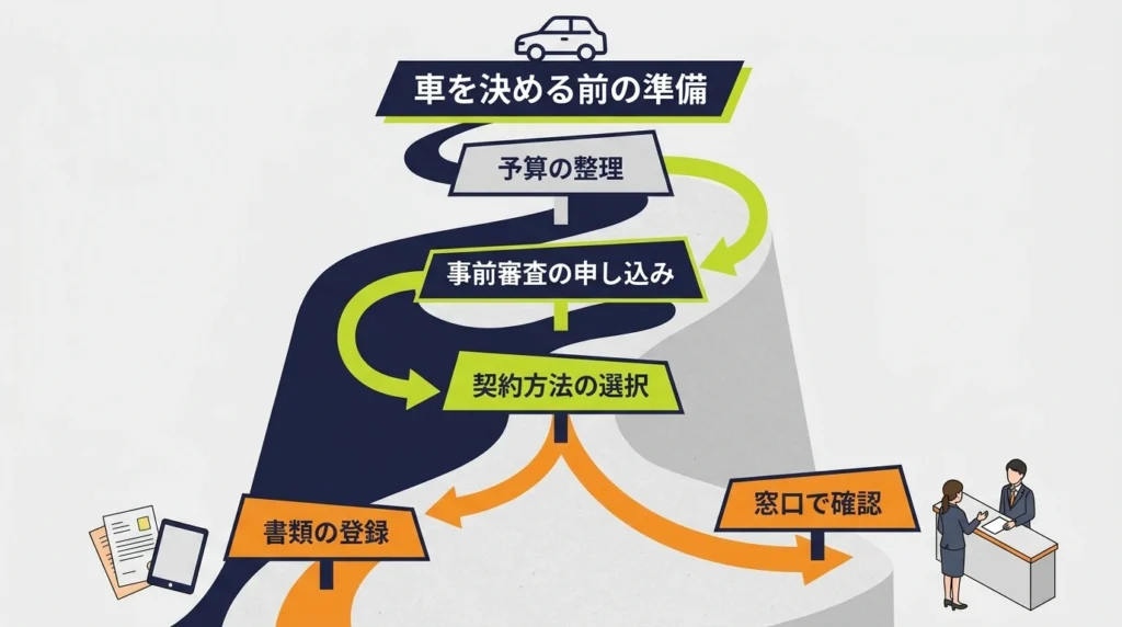 さがみ信用金庫マイカーローンで車が決まる前に予算確認から仮審査、契約方法の選択へ進む流れを示した図解