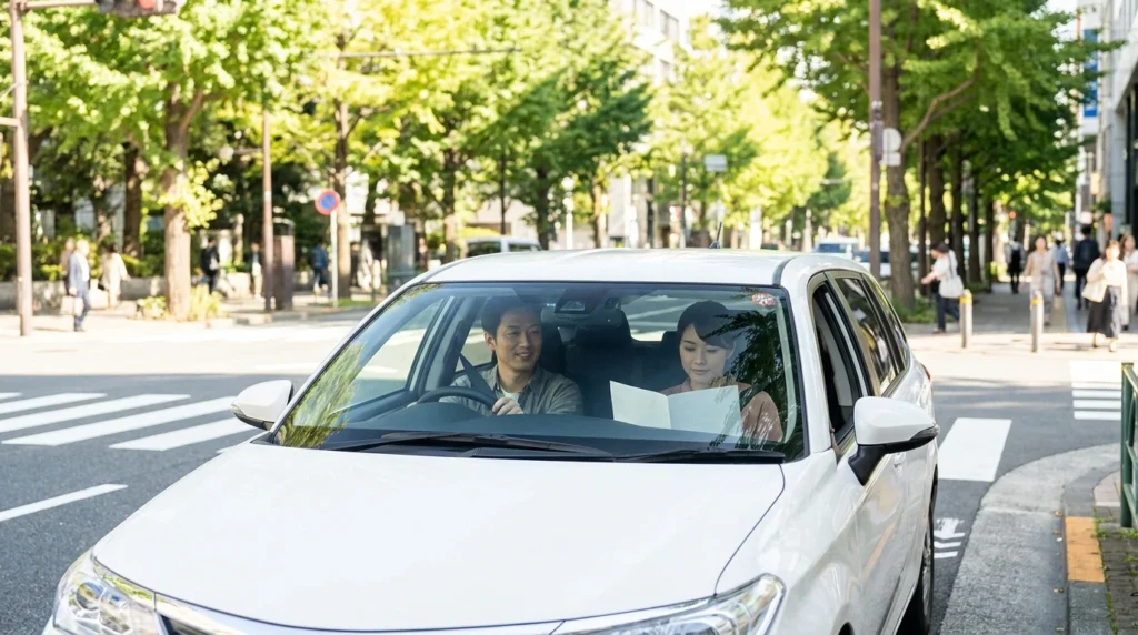 東京の街路を走る白いワゴン車の車内で、購入書類を確認する日本人夫婦