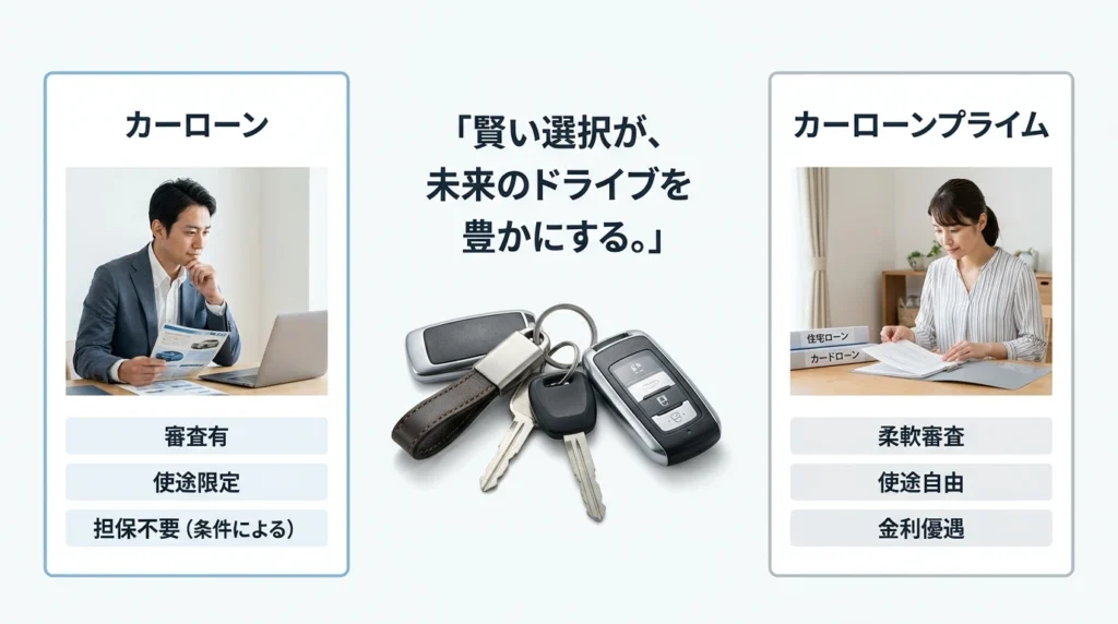 通常カーローンとプライムの対象条件を比較する実写ベースの図解