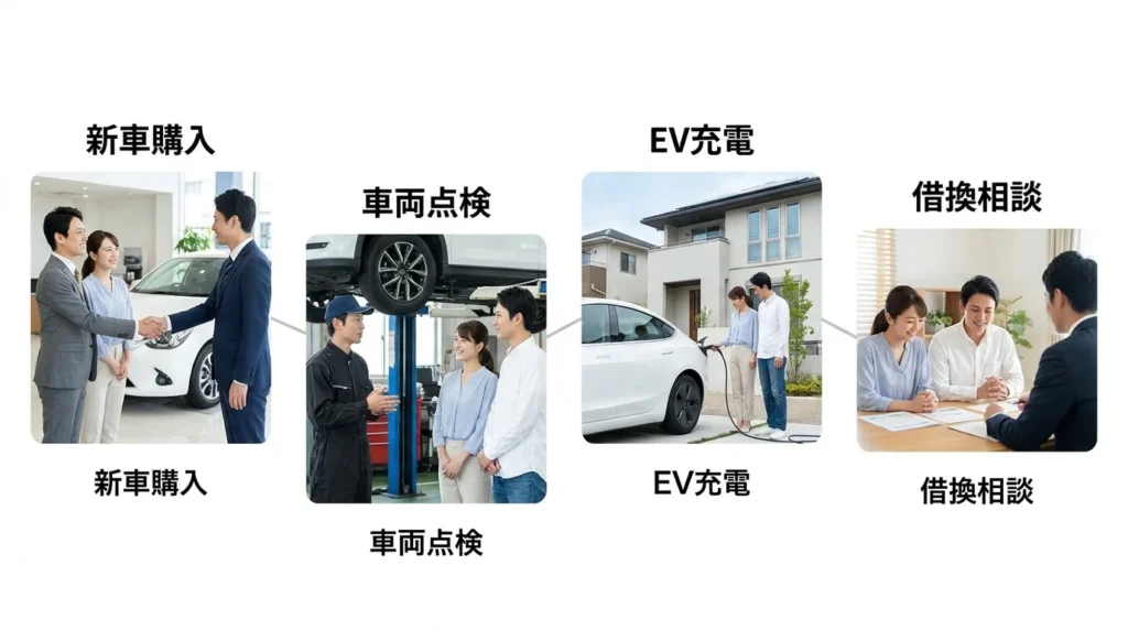 車の購入、車検、充電設備、借換えを実写写真で整理した図解