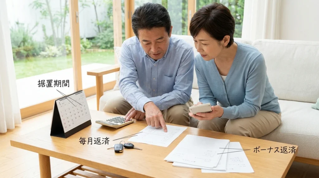 カレンダーと車のキーを前に返済計画を相談する日本人夫婦