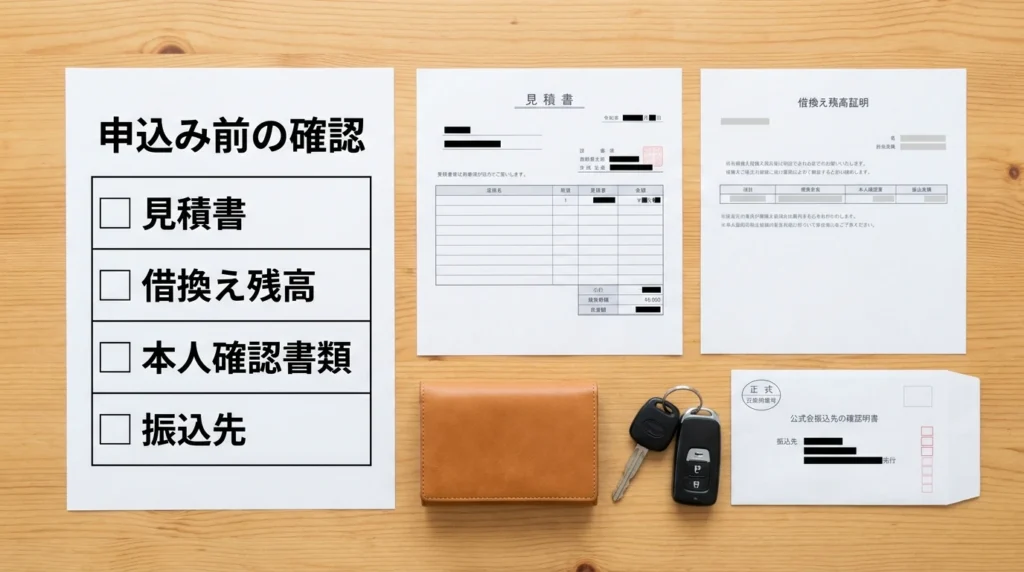 見積書、借換え残高の資料、本人確認書類、振込先資料をそろえた申込み準備の図