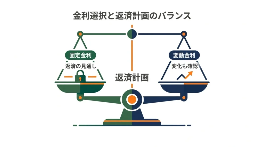 日本の金融記事向け横長インフォグラフィック。白背景、深い緑、ネイビー、明るいオレンジ。中央に大きな天びんを置き、左の皿に「固定金利」と「返済の見通し」、右の皿に「変動金利」と「変化も確認」の短い日本語ラベル。天びんの支点には「返済計画」のラベルを配置する。金利、金額、日付、金融機関名、ロゴは入れない。画像内の文字はすべて日本語。余白のあるフラットなベクター図解、文字を読みやすいゴシック体にする。