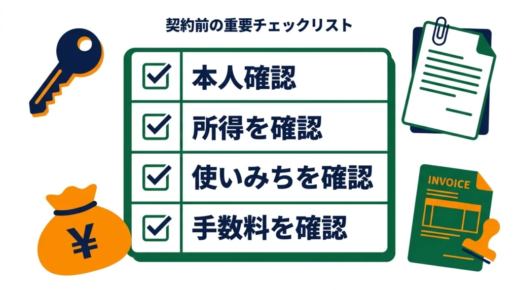 正式申込前に四つの確認項目を一枚のチェックシートで確認する図