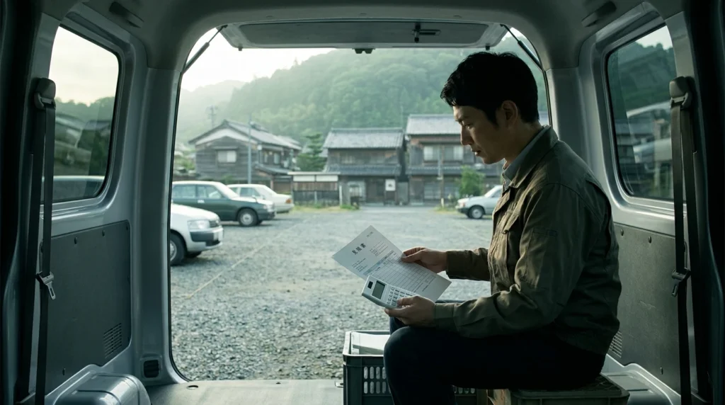 香取の歴史的な町並み近くの月極駐車場で書類を確認する日本人男性とグレーの軽バン
