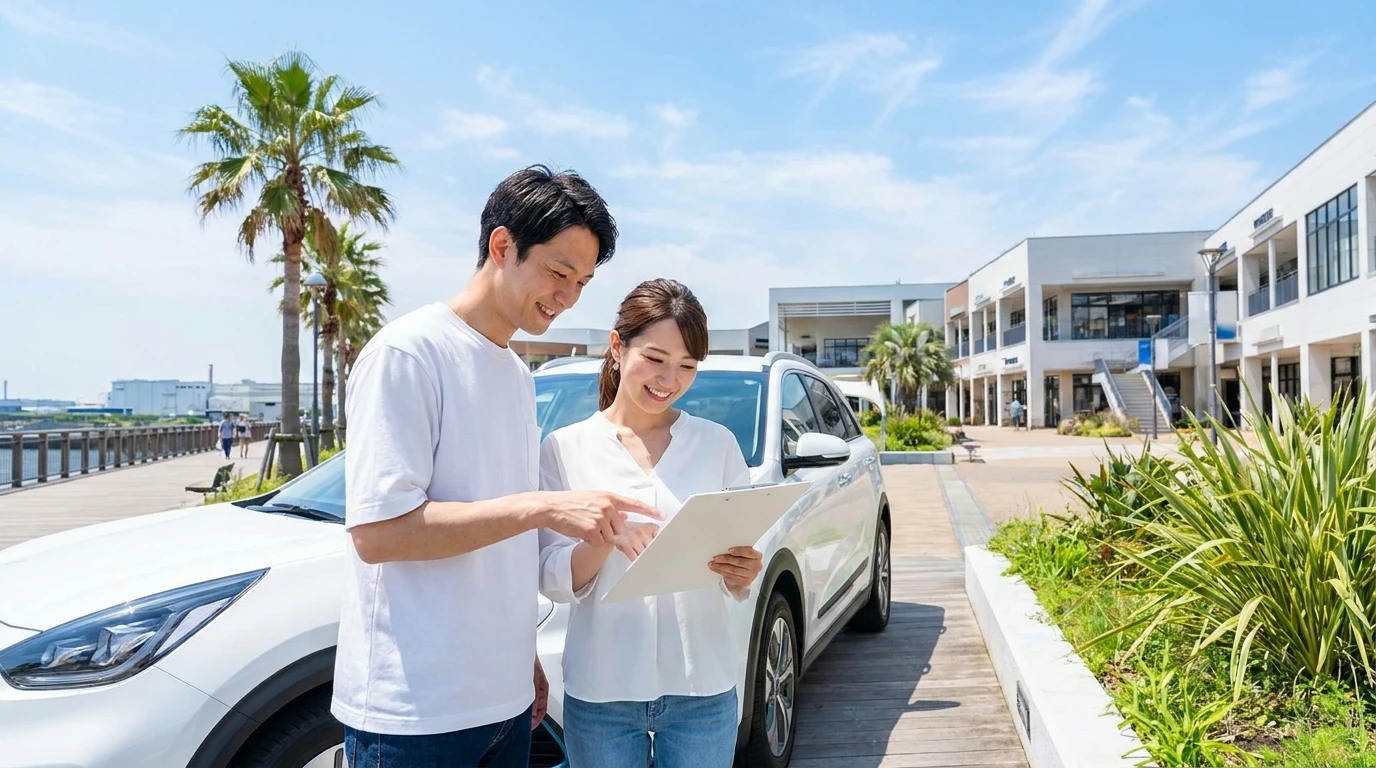 東京湾岸の商業施設前で白い電気自動車と見積書を確認する日本人夫婦