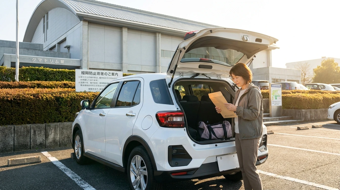 地域スポーツセンターの駐車場で車の荷室と整備見積書を確認する日本人女性