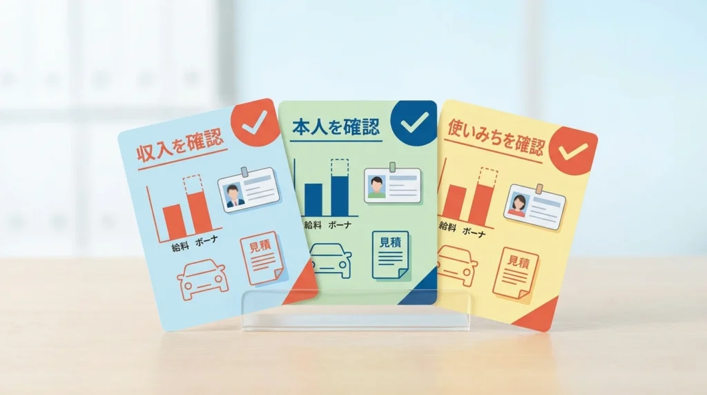 収入確認、本人確認、見積書を三枚の書類として示す日本語図解