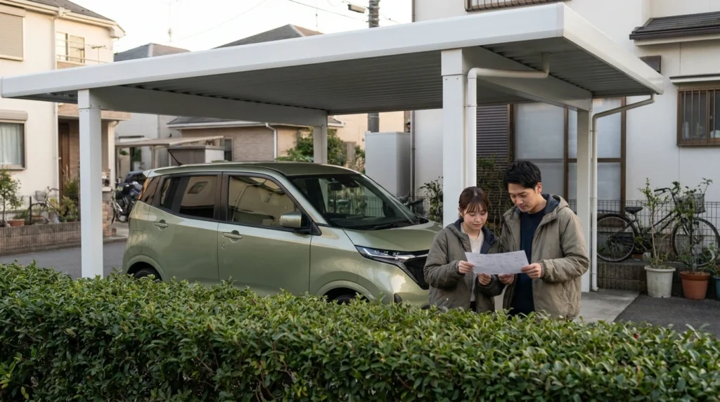世田谷の住宅地でカーポートのそばに停車した小型電気自動車と見積書を確認する日本人の若い夫婦
