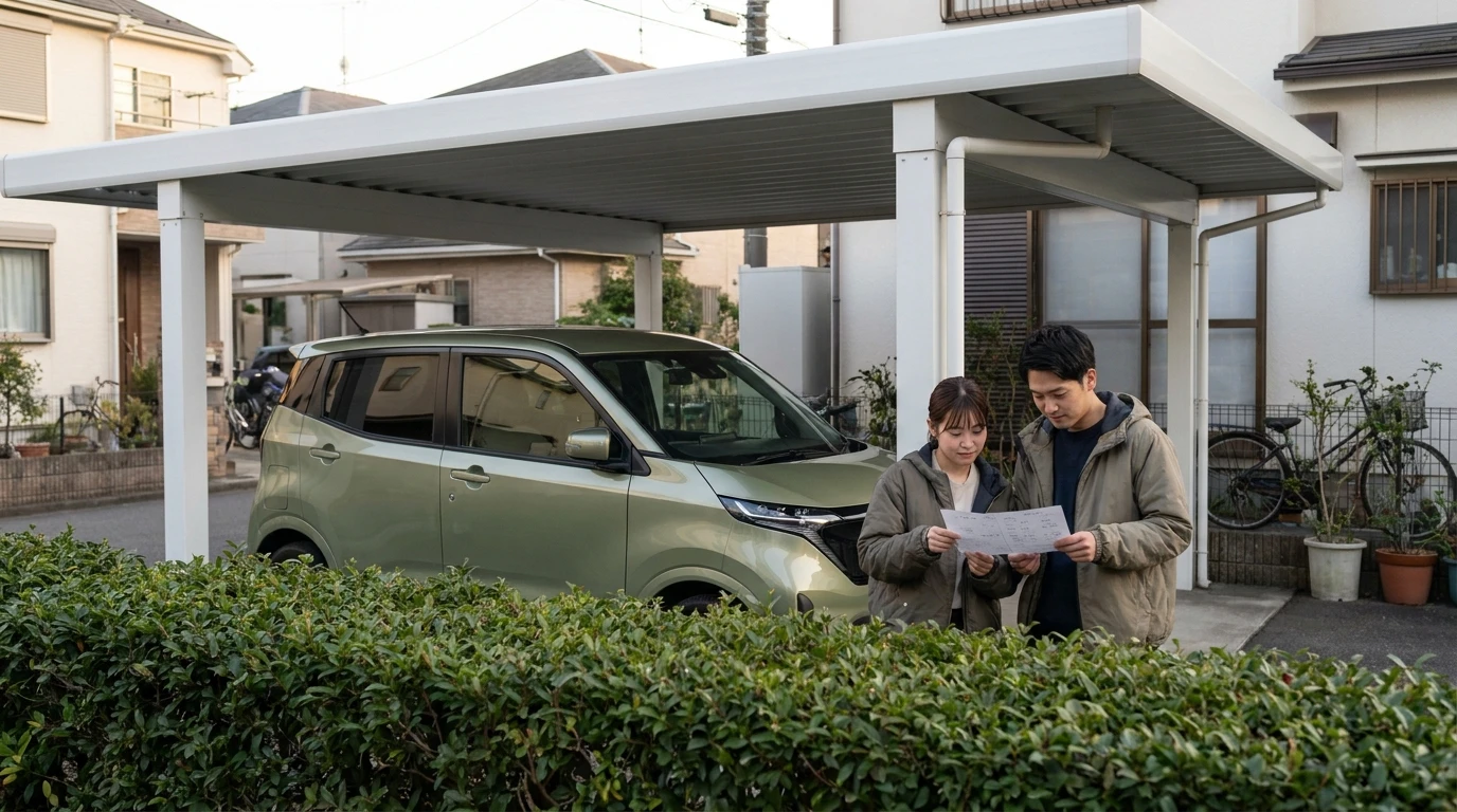世田谷の住宅地でカーポートのそばに停車した小型電気自動車と見積書を確認する日本人の若い夫婦