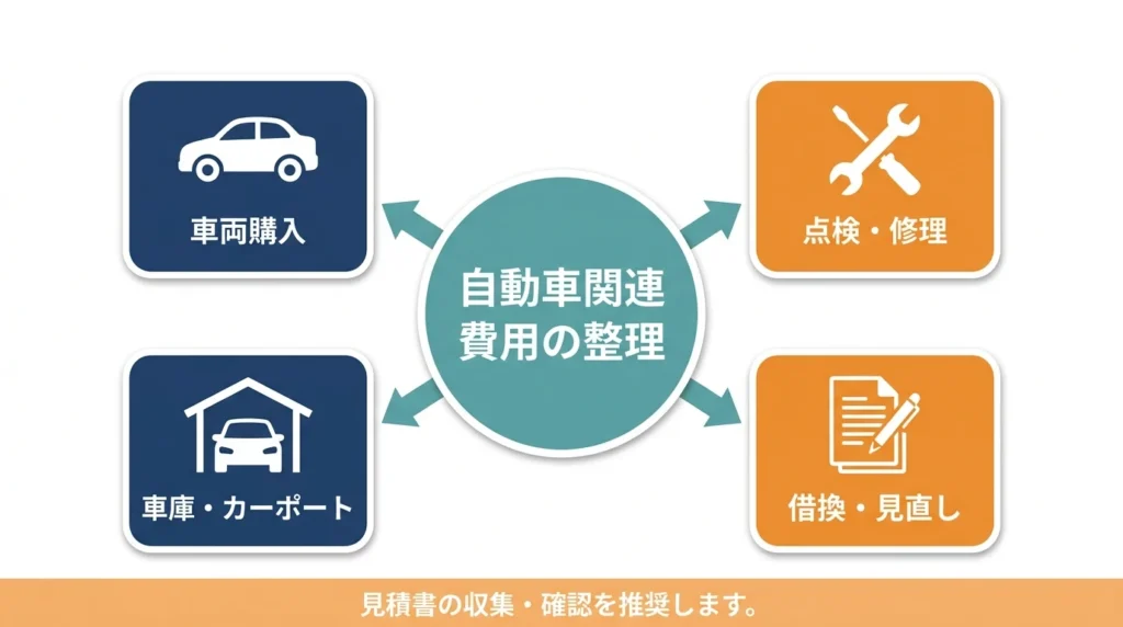 車両購入、車検修理、車庫設置、借換えの四つの費用を整理する日本語の図解
