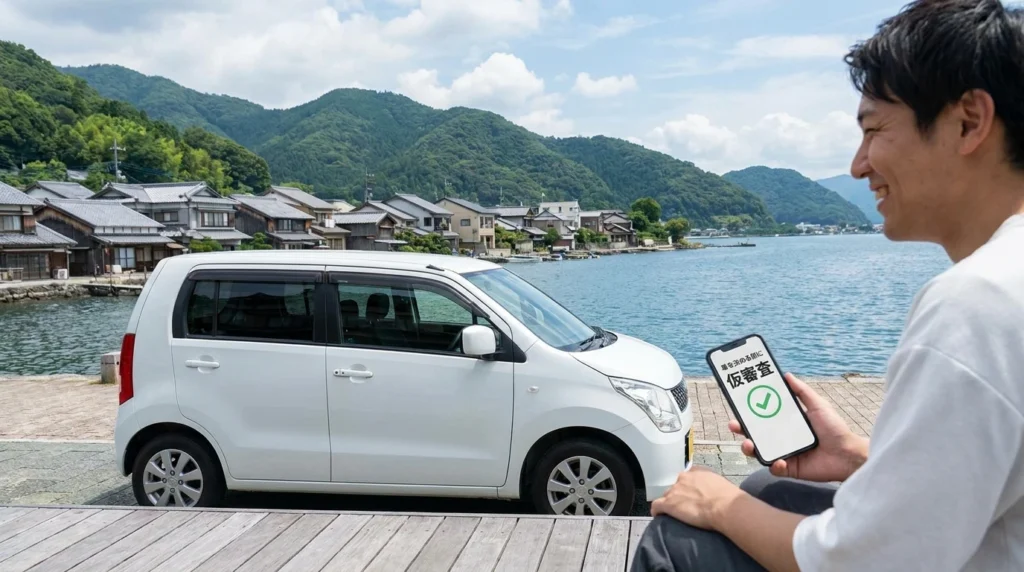 滋賀の街並みで車購入計画を確認する人