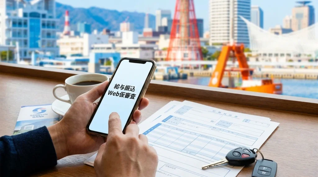 神戸港を背景にスマートフォンでマイカーローン仮審査を確認する利用者