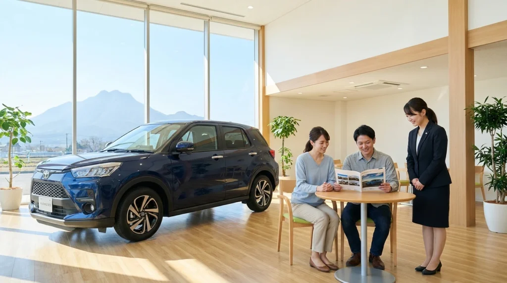 妙義山が見える明るい自動車販売ディーラーで車を確認する日本人夫婦と担当者