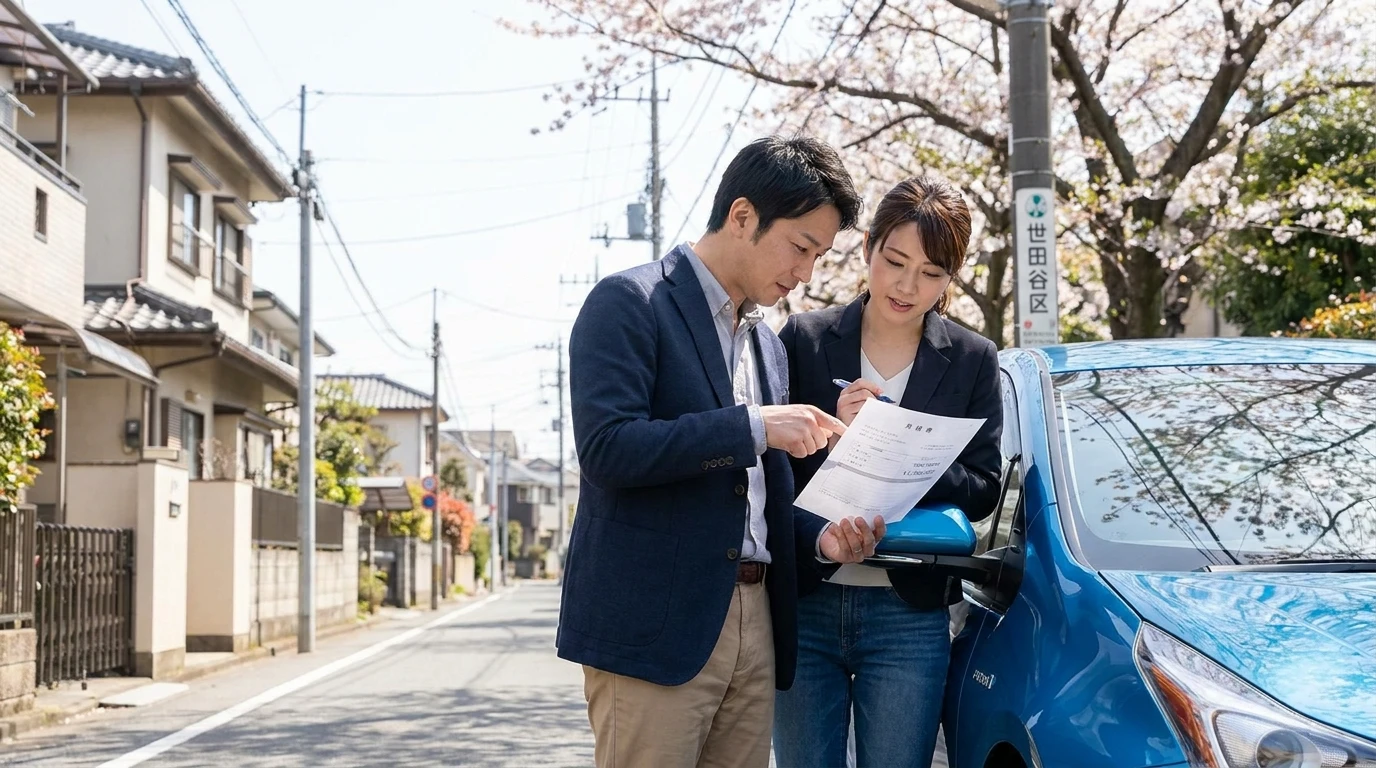 世田谷の並木道で青いハイブリッド車の横に立ち見積書を確認する日本人夫婦
