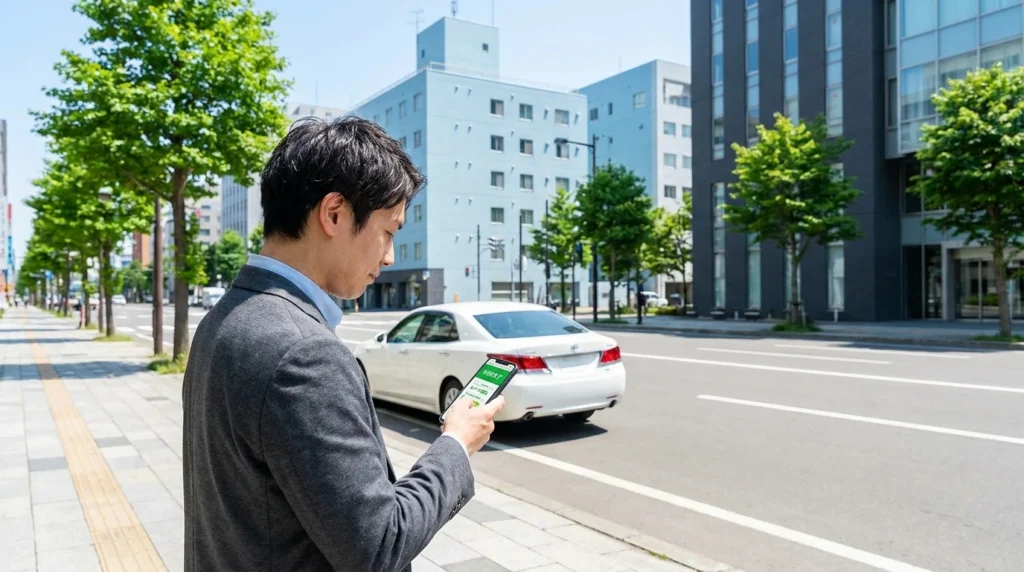 北海道の街並みを背景にスマートフォンで道銀マイカーローンを確認する人
