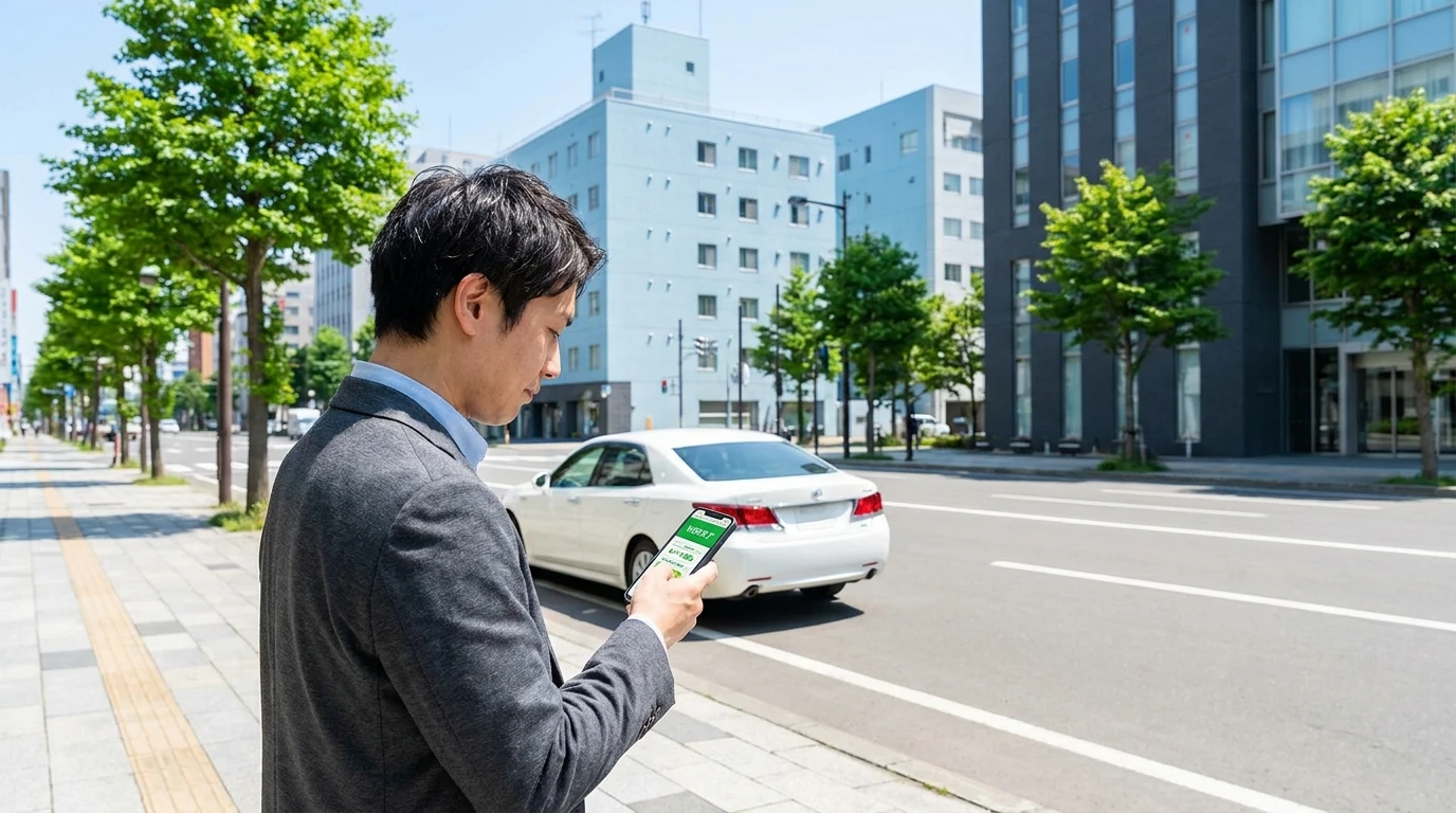北海道の街並みを背景にスマートフォンで道銀マイカーローンを確認する人