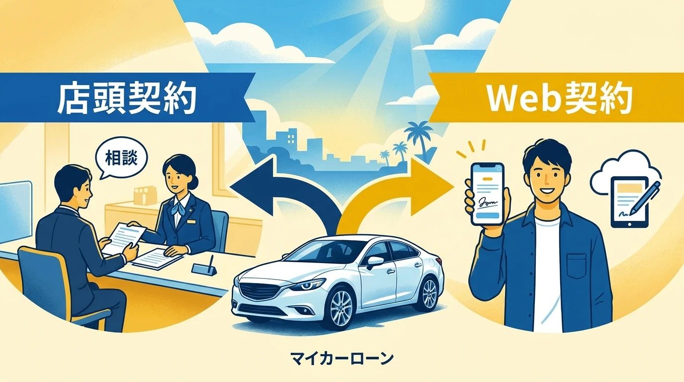 宮崎太陽銀行マイカーローンの来店契約型とウェブ完結型の違いを確認する図解