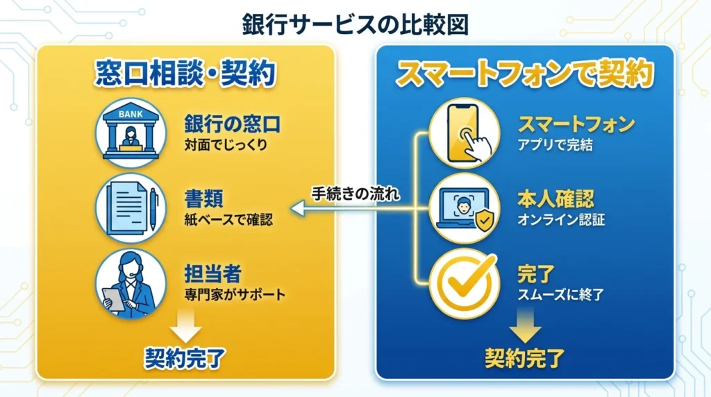 来店契約型とウェブ完結型の手続きの違いを整理した宮崎太陽銀行マイカーローンの図解