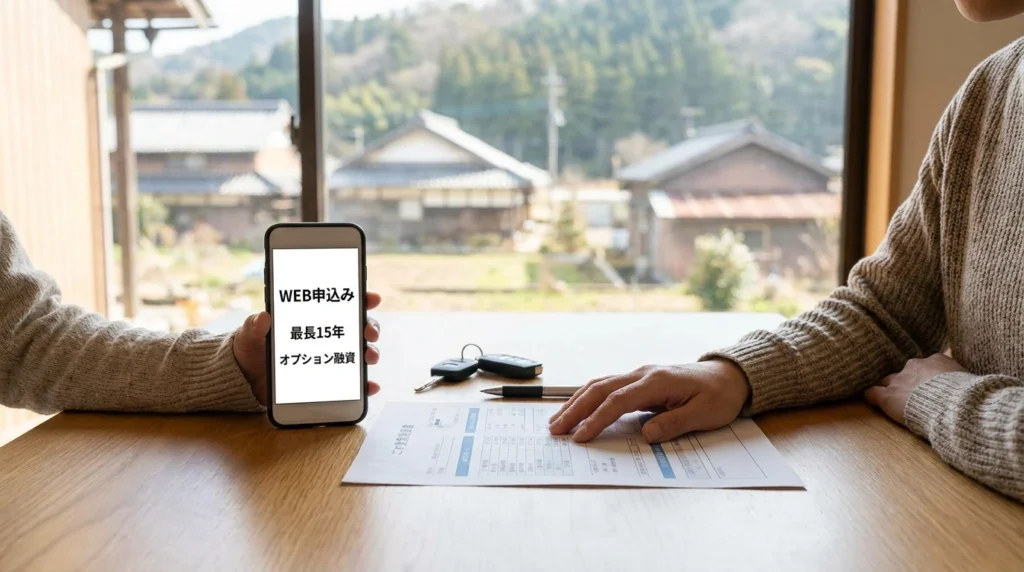 車の見積書とスマートフォンで但馬銀行マイカーローンを確認する人
