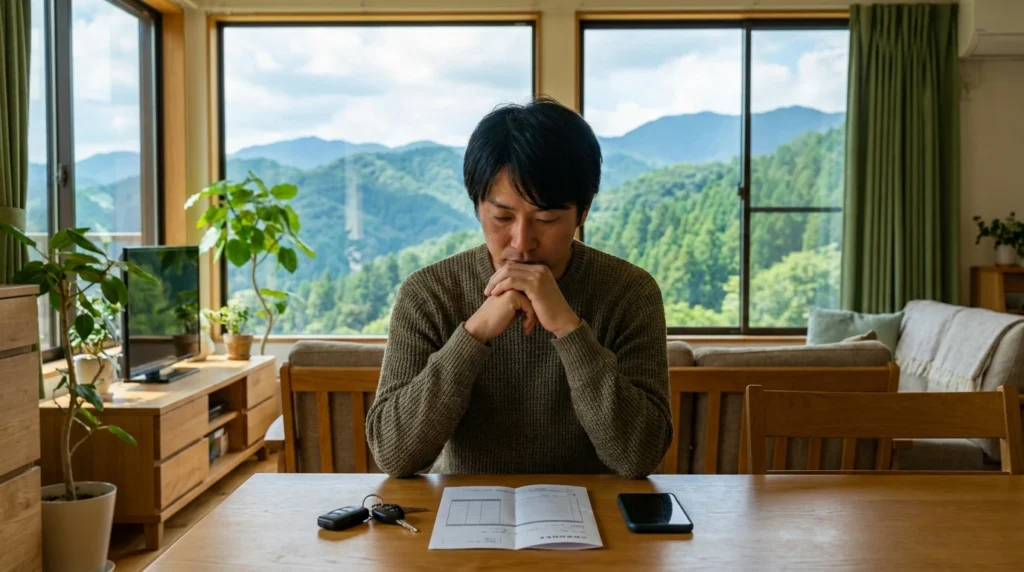 但馬の山並みを背景に走る車と、助手席でスマートフォンを確認するWEB完結型マイカーローンの利用場面