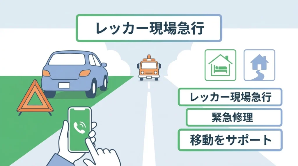 道路脇の車とレッカー車、サポート連絡を表すロードアシスタントの図解