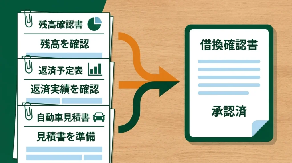 返済予定表、残高確認書類、車の見積書を確認するマイカーローン借換え準備図