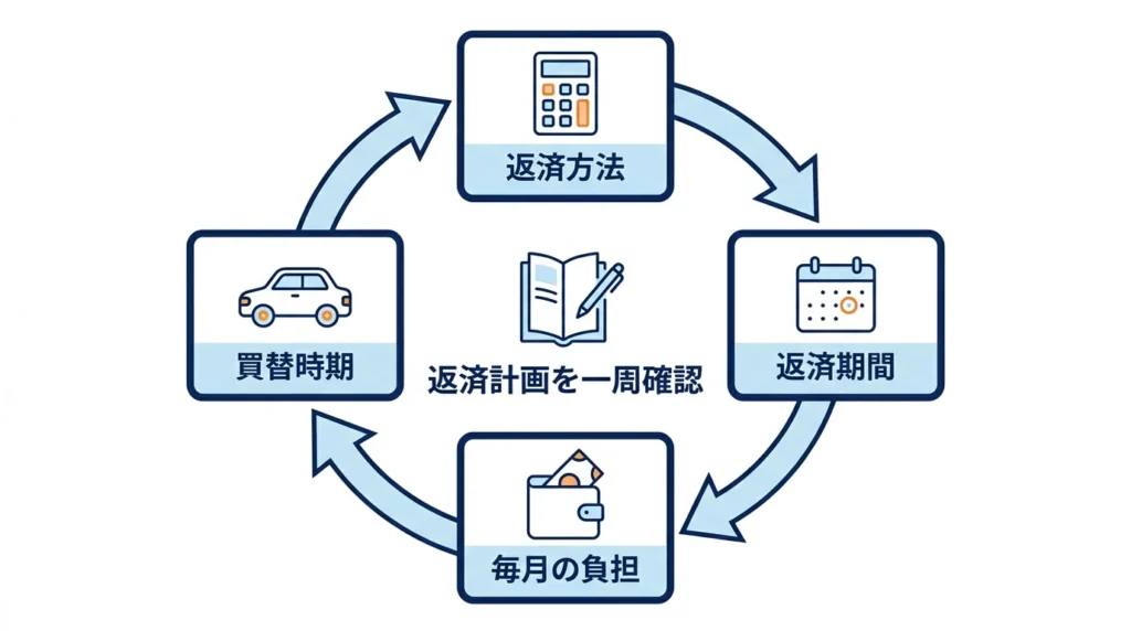 返済方法、返済期間、毎月の負担、将来の買替時期を円環で確認する図