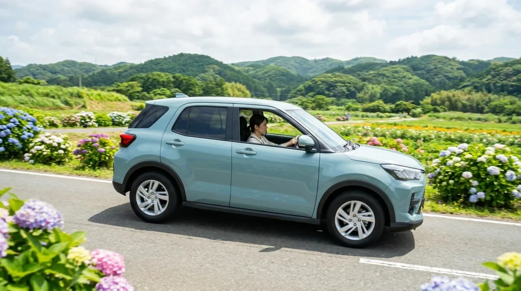 房総の花畑沿いを安全に走る日本人女性と淡い青緑色の小型SUV