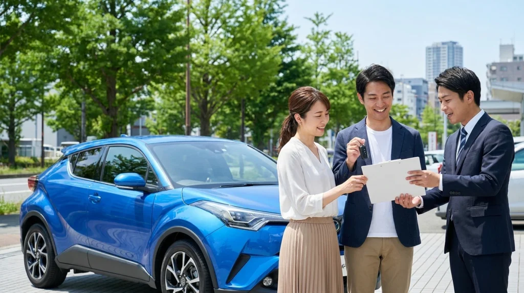 東京の自動車販売店で青いコンパクトSUVを前に、見積書を確認する日本人夫婦と販売担当者