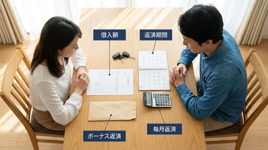 カレンダー、車のキー、返済計画メモを使って返済条件を確認する日本人夫婦の図解